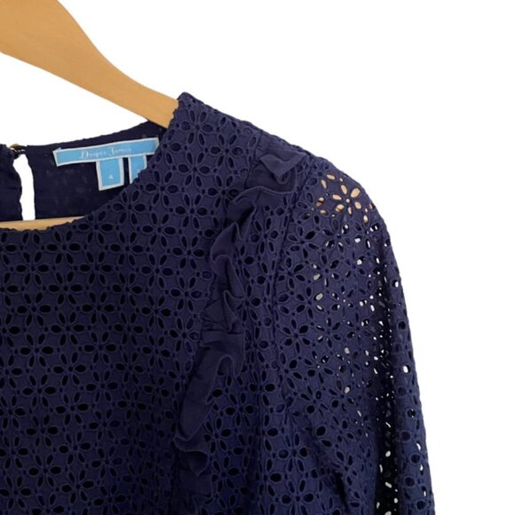 Draper James Navy Ruffled Floral Eyelet Blouse 4 - Picture 6 of 8